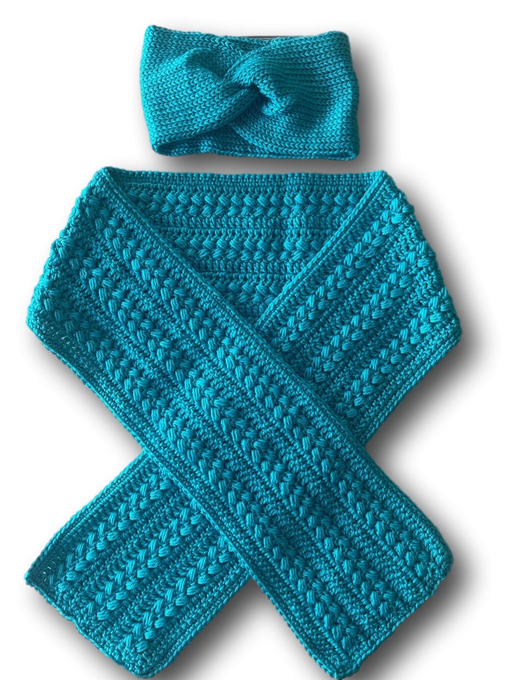Handmade Teal Crochet Scarf & Headband Set